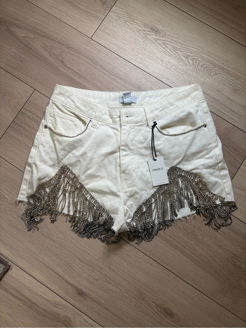 Forever 21 White Denim Shorts with Metallic Fringe